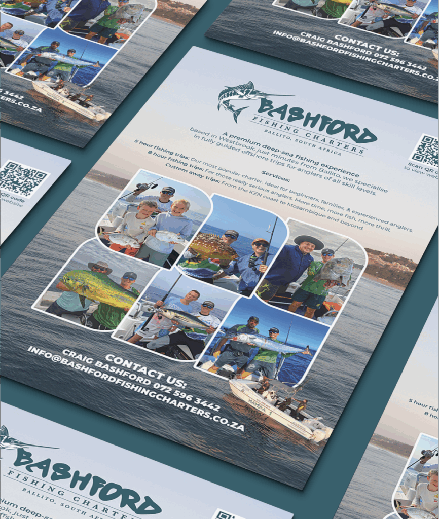 logo design, fishing, bashford fishing charters, marketing, south africa, branding, bold finch, graphic design